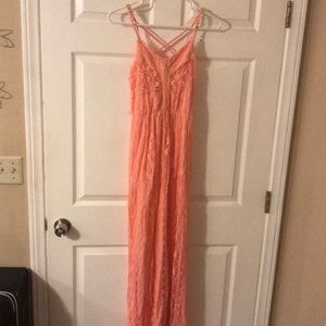 Full length coral knit dress.